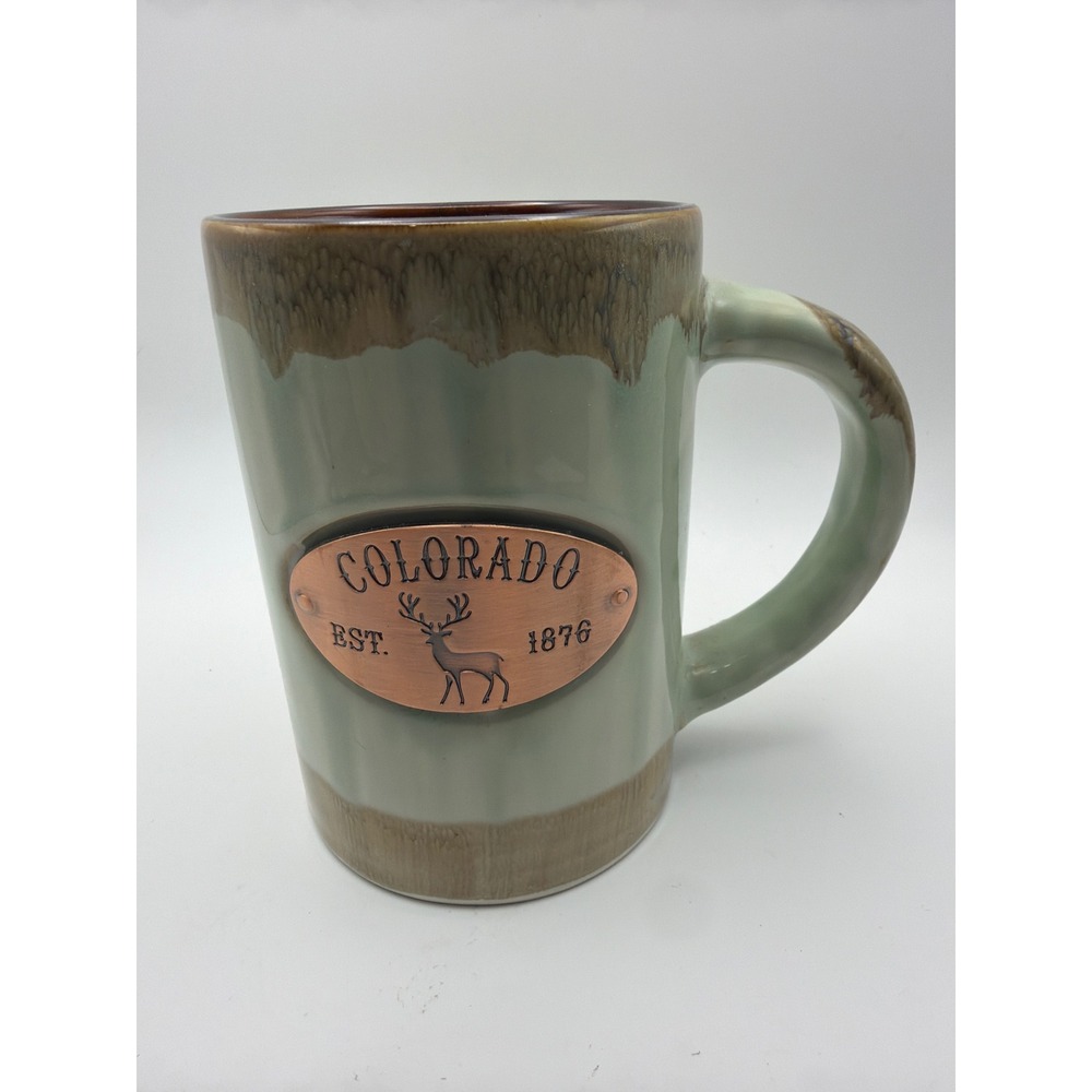 Americaware Colorado Souvenir Coffee Mug Green Brown Glazed Ceramic Elk Copper
